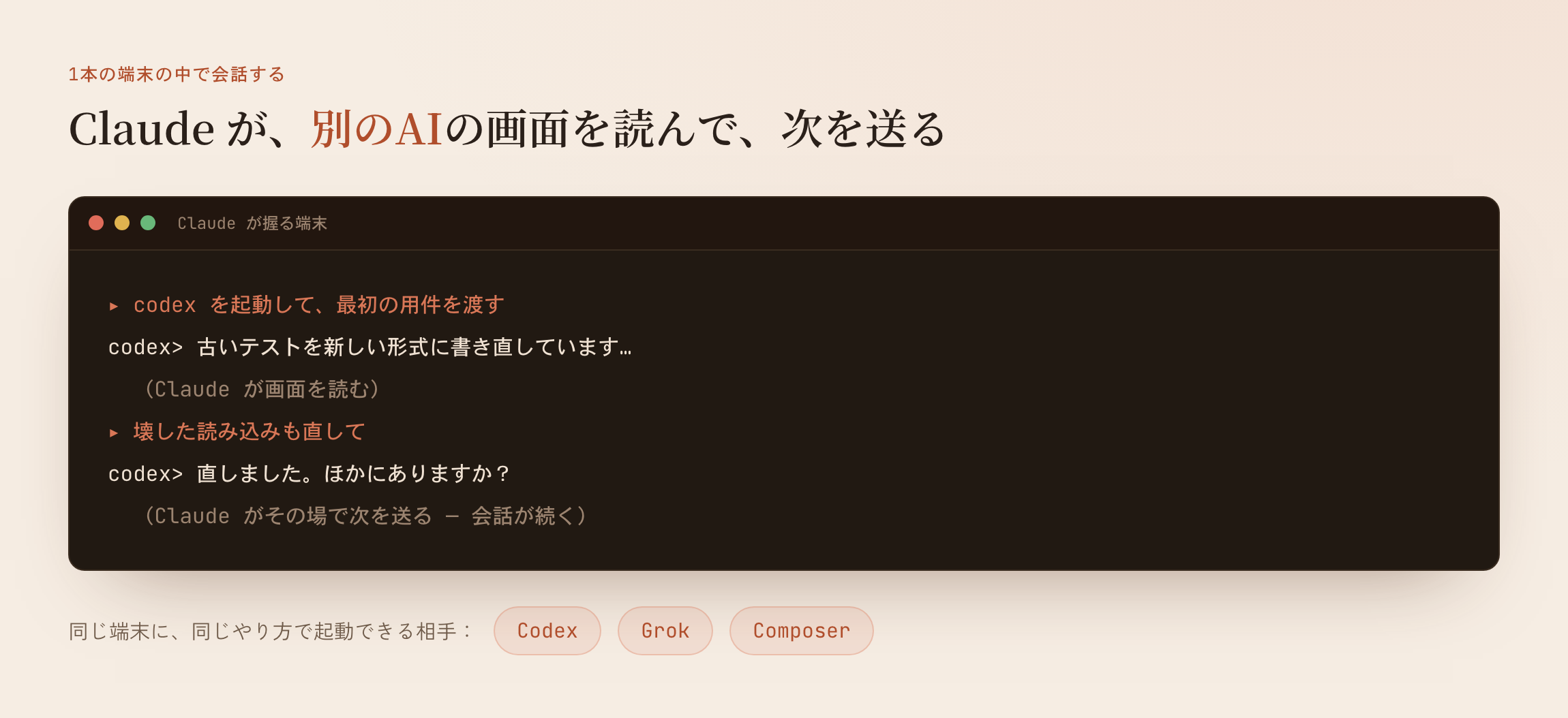 Claude が握る1本の端末の中で Codex を起動し、画面を読んでは次を送る。この読む↔送るの往復が会話。Grok・Composer も同じやり方で起動できる