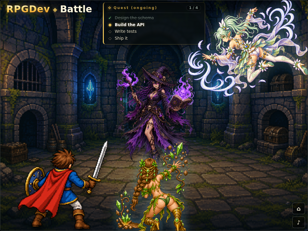 rpgdevの実オーバーレイ。勇者・精霊・モンスター・ダンジョン背景・クエストログ『Build the API』が画面の隅で動く。この絵も曲も効果音も、創作まわりはCodexに投げて出てきた。