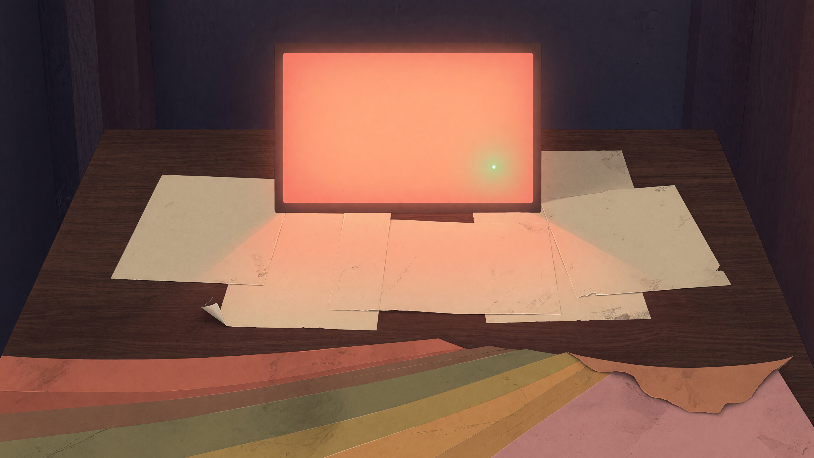 暗い部屋で温かく灯るターミナル。足元の層が一枚ずつ剥がれていくイメージ。