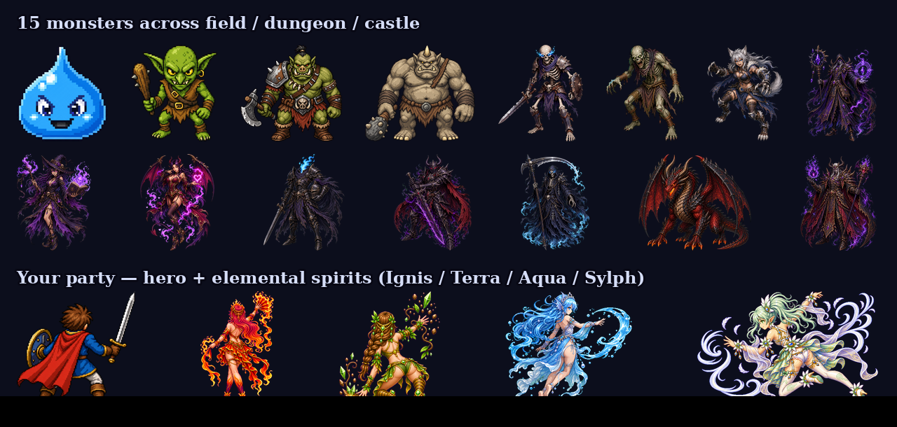 草原・洞窟・城に出る15体のモンスターと、勇者＋火（Ignis）・地（Terra）・風（Sylph）・水（Aqua）の精霊。全部自作のドット絵