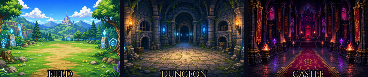 3つの舞台背景。左から草原（FIELD）・洞窟（DUNGEON）・城（CASTLE）。作業が進むほど右へ移る