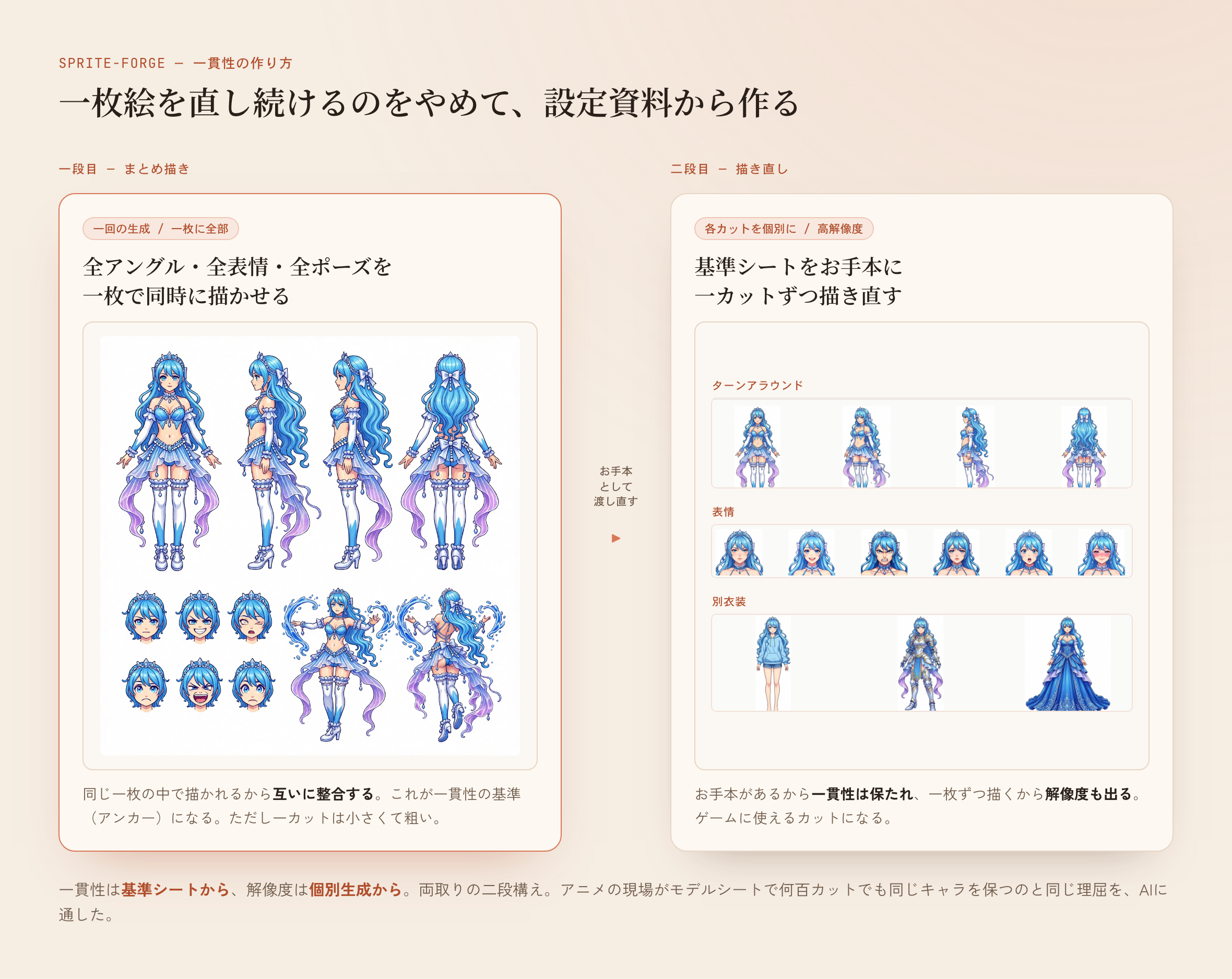 一枚絵を直し続けるのをやめ、まず設定資料を一枚作って基準にする二段構えの全体像